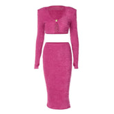 Textured button long sleeve gloves midi skirt set